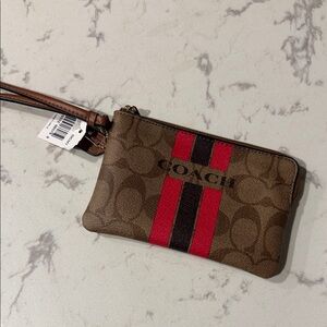 Coach Brown Wristlet with Red and Black Stripes